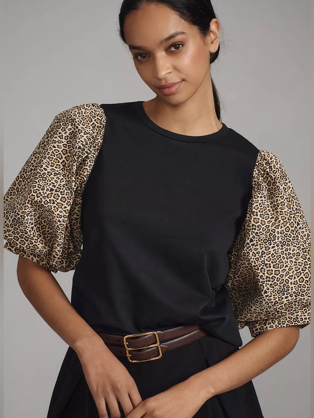 English Factory Leopard Puff-Sleeve Top Black XS NWT